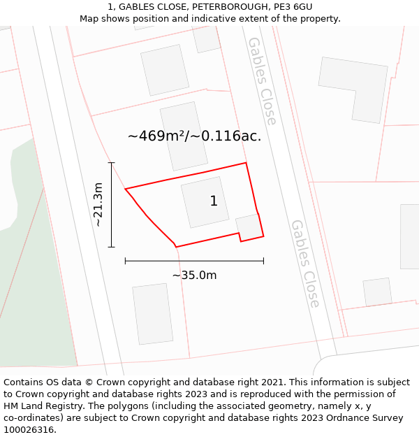 1, GABLES CLOSE, PETERBOROUGH, PE3 6GU: Plot and title map