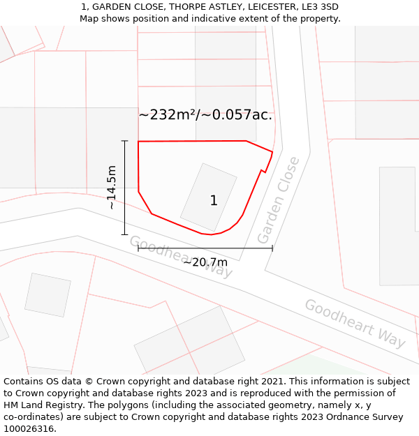 1, GARDEN CLOSE, THORPE ASTLEY, LEICESTER, LE3 3SD: Plot and title map