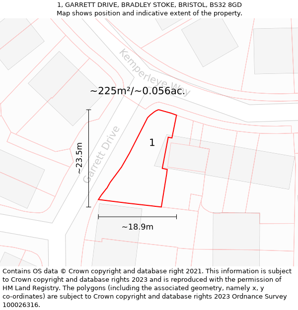 1, GARRETT DRIVE, BRADLEY STOKE, BRISTOL, BS32 8GD: Plot and title map