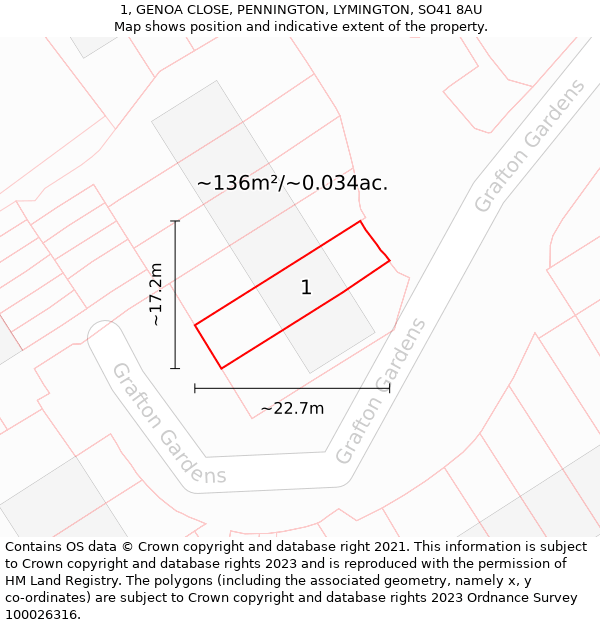 1, GENOA CLOSE, PENNINGTON, LYMINGTON, SO41 8AU: Plot and title map