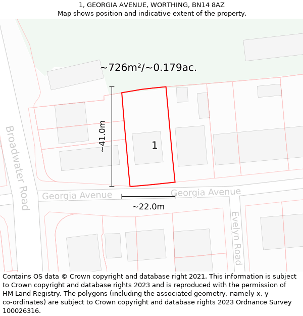 1, GEORGIA AVENUE, WORTHING, BN14 8AZ: Plot and title map