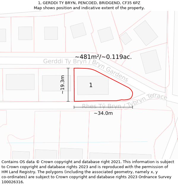 1, GERDDI TY BRYN, PENCOED, BRIDGEND, CF35 6PZ: Plot and title map