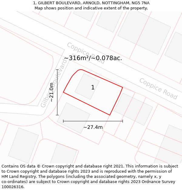 1, GILBERT BOULEVARD, ARNOLD, NOTTINGHAM, NG5 7NA: Plot and title map