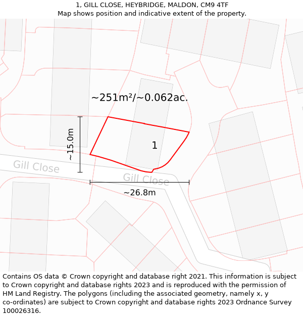 1, GILL CLOSE, HEYBRIDGE, MALDON, CM9 4TF: Plot and title map