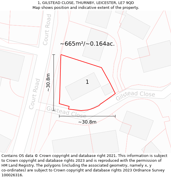 1, GILSTEAD CLOSE, THURNBY, LEICESTER, LE7 9QD: Plot and title map