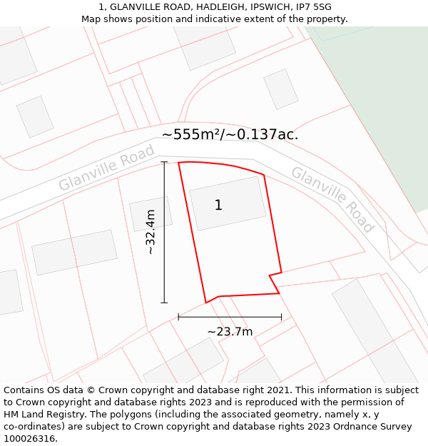 1, GLANVILLE ROAD, HADLEIGH, IPSWICH, IP7 5SG: Plot and title map