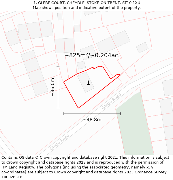 1, GLEBE COURT, CHEADLE, STOKE-ON-TRENT, ST10 1XU: Plot and title map