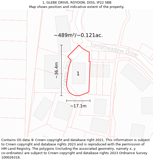 1, GLEBE DRIVE, ROYDON, DISS, IP22 5BB: Plot and title map