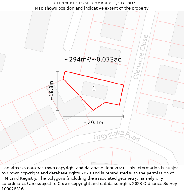 1, GLENACRE CLOSE, CAMBRIDGE, CB1 8DX: Plot and title map