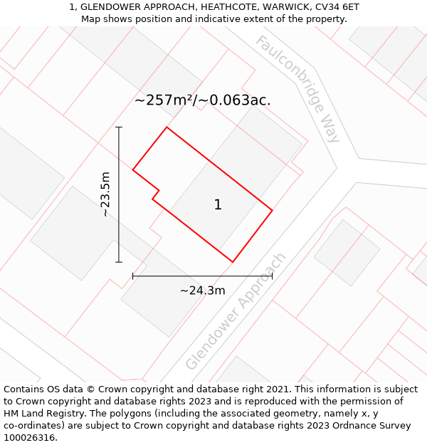 1, GLENDOWER APPROACH, HEATHCOTE, WARWICK, CV34 6ET: Plot and title map