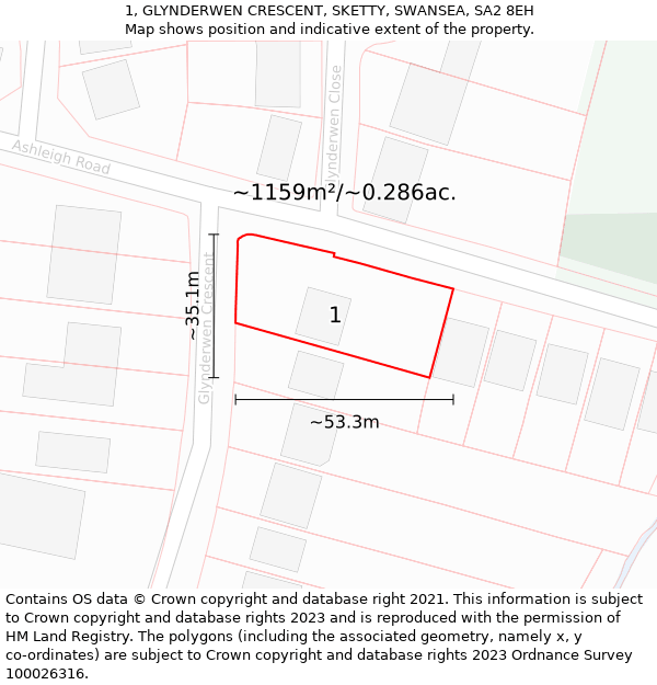 1, GLYNDERWEN CRESCENT, SKETTY, SWANSEA, SA2 8EH: Plot and title map