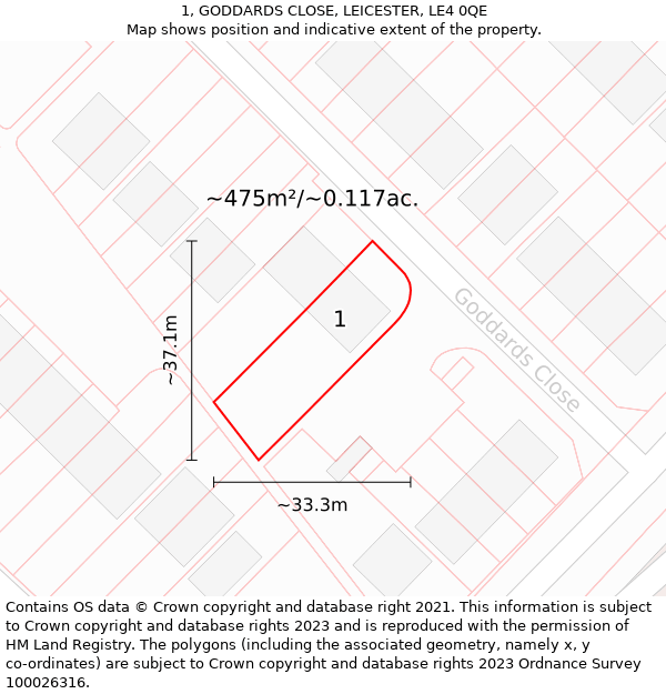 1, GODDARDS CLOSE, LEICESTER, LE4 0QE: Plot and title map