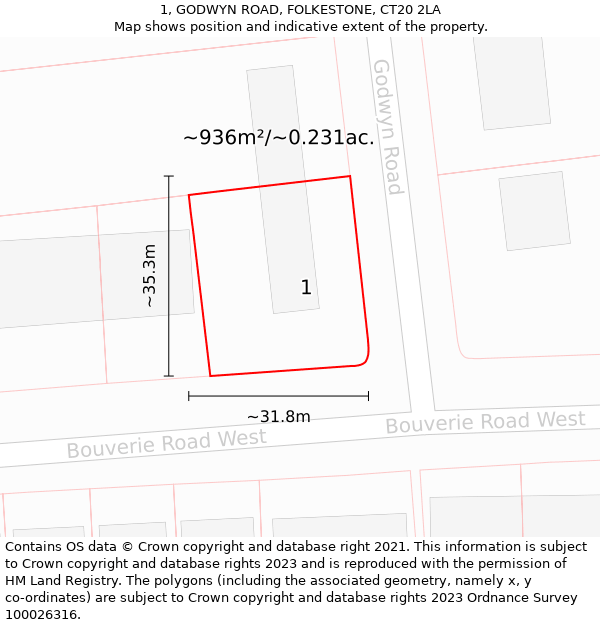 1, GODWYN ROAD, FOLKESTONE, CT20 2LA: Plot and title map