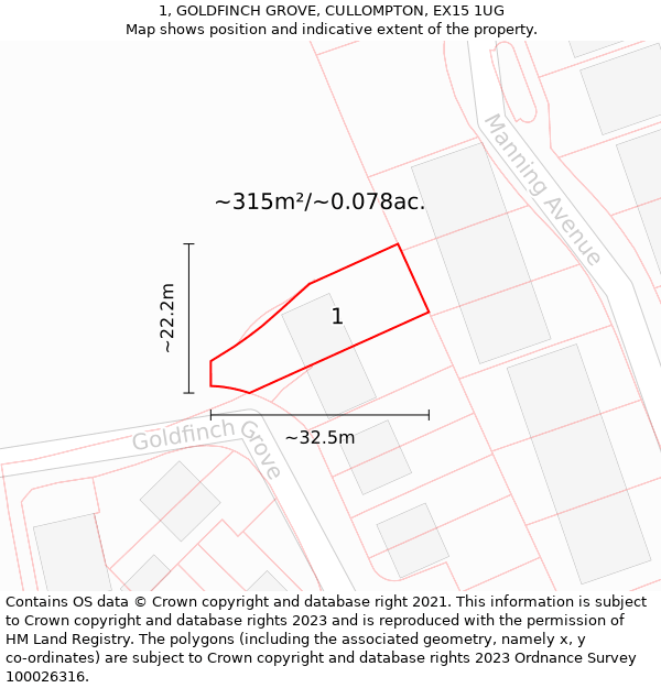 1, GOLDFINCH GROVE, CULLOMPTON, EX15 1UG: Plot and title map