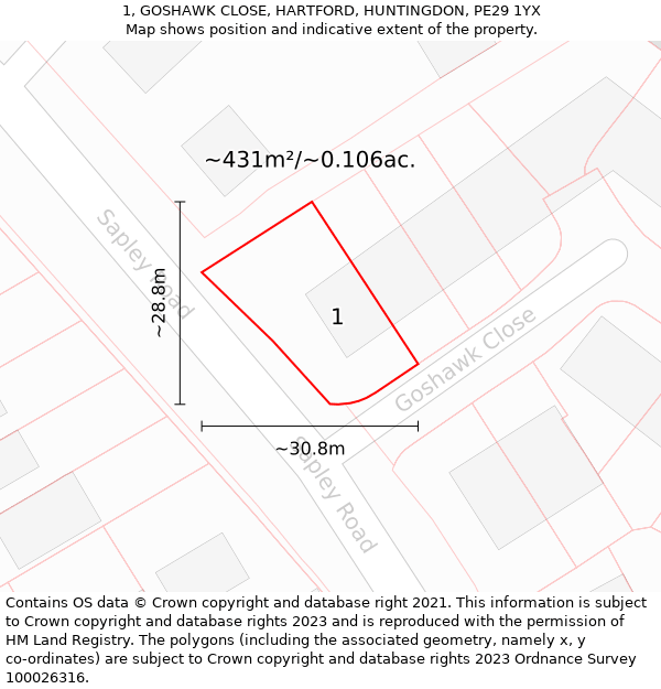 1, GOSHAWK CLOSE, HARTFORD, HUNTINGDON, PE29 1YX: Plot and title map