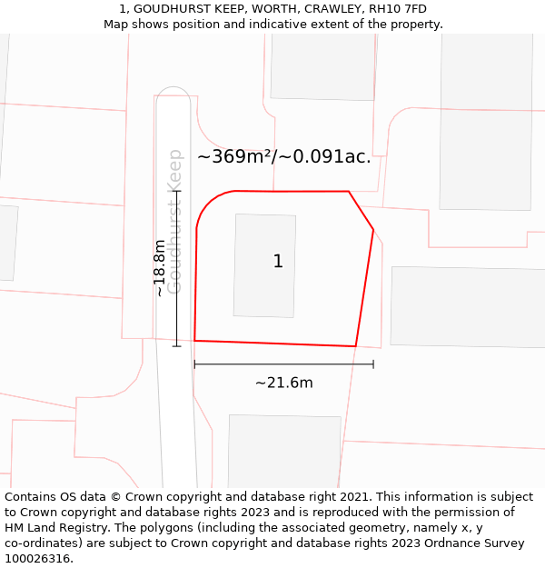 1, GOUDHURST KEEP, WORTH, CRAWLEY, RH10 7FD: Plot and title map