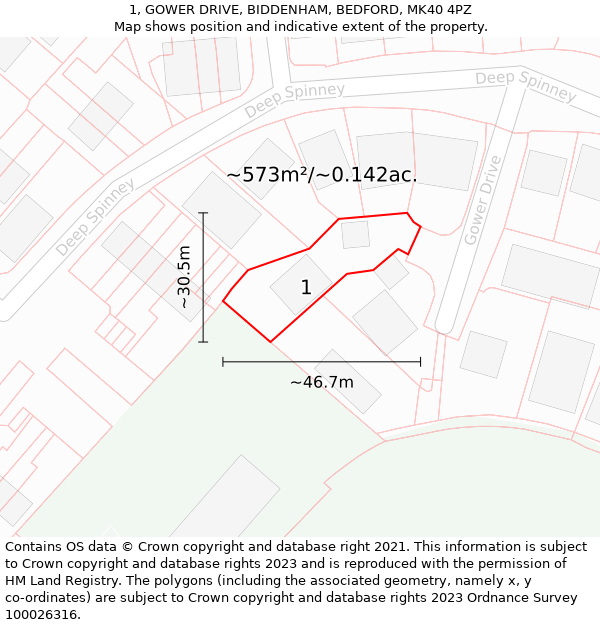 1, GOWER DRIVE, BIDDENHAM, BEDFORD, MK40 4PZ: Plot and title map