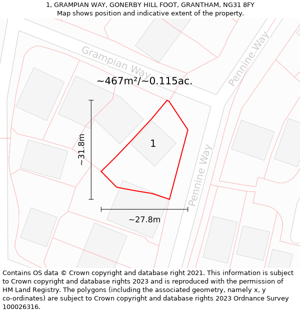 1, GRAMPIAN WAY, GONERBY HILL FOOT, GRANTHAM, NG31 8FY: Plot and title map