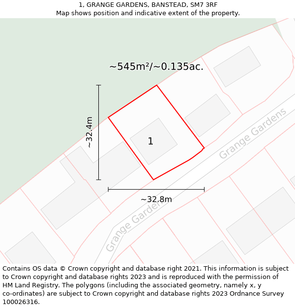 1, GRANGE GARDENS, BANSTEAD, SM7 3RF: Plot and title map