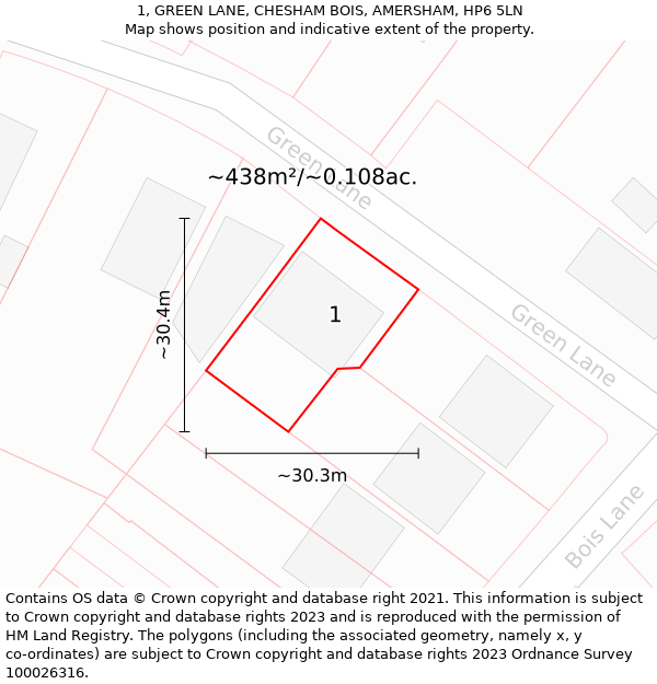 1, GREEN LANE, CHESHAM BOIS, AMERSHAM, HP6 5LN: Plot and title map