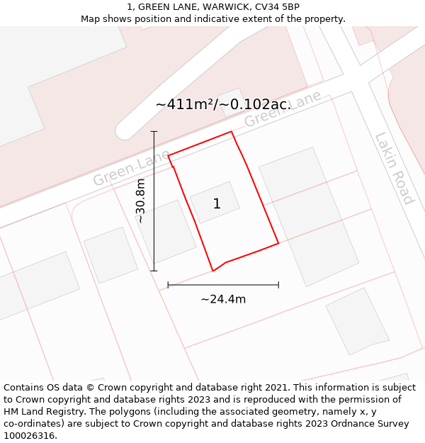 1, GREEN LANE, WARWICK, CV34 5BP: Plot and title map