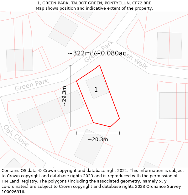 1, GREEN PARK, TALBOT GREEN, PONTYCLUN, CF72 8RB: Plot and title map