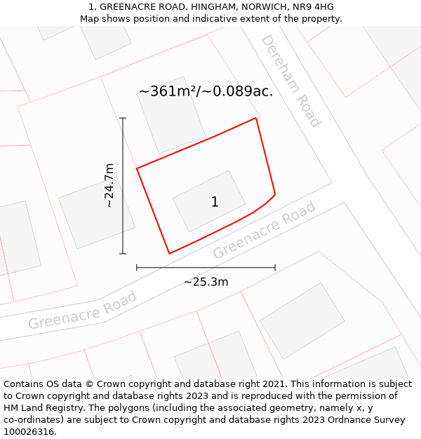 1, GREENACRE ROAD, HINGHAM, NORWICH, NR9 4HG: Plot and title map