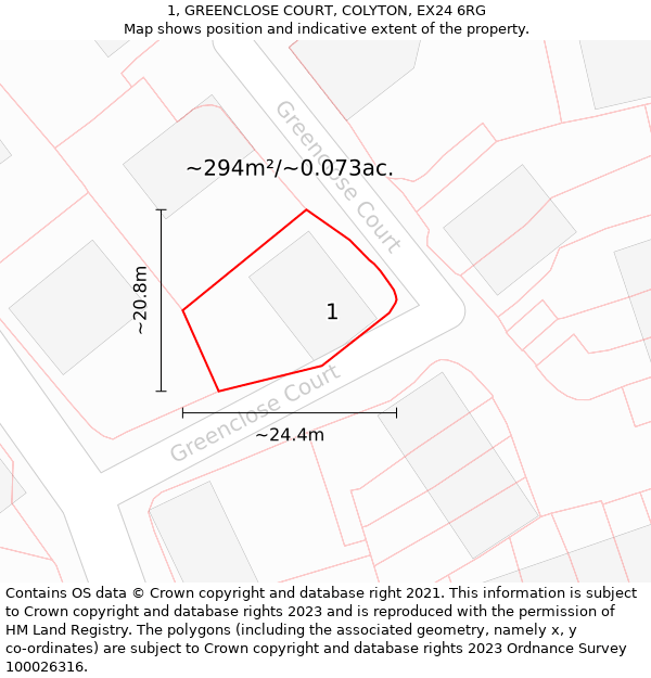 1, GREENCLOSE COURT, COLYTON, EX24 6RG: Plot and title map