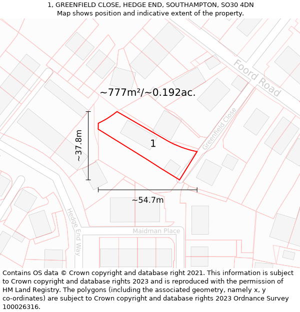 1, GREENFIELD CLOSE, HEDGE END, SOUTHAMPTON, SO30 4DN: Plot and title map