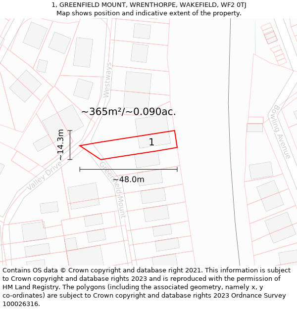 1, GREENFIELD MOUNT, WRENTHORPE, WAKEFIELD, WF2 0TJ: Plot and title map