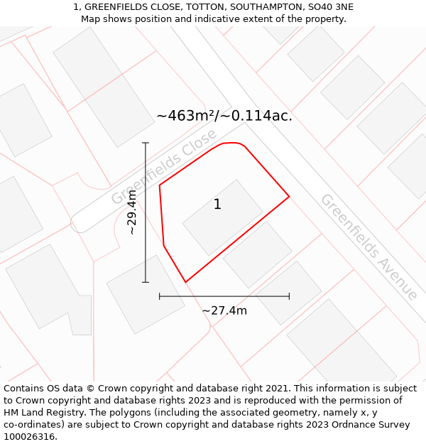 1, GREENFIELDS CLOSE, TOTTON, SOUTHAMPTON, SO40 3NE: Plot and title map