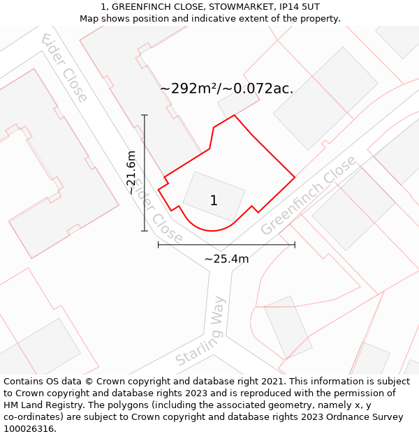 1, GREENFINCH CLOSE, STOWMARKET, IP14 5UT: Plot and title map