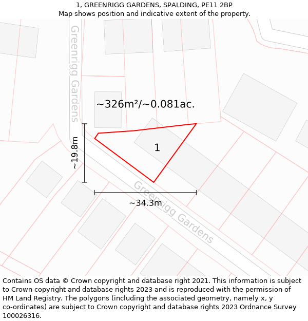 1, GREENRIGG GARDENS, SPALDING, PE11 2BP: Plot and title map