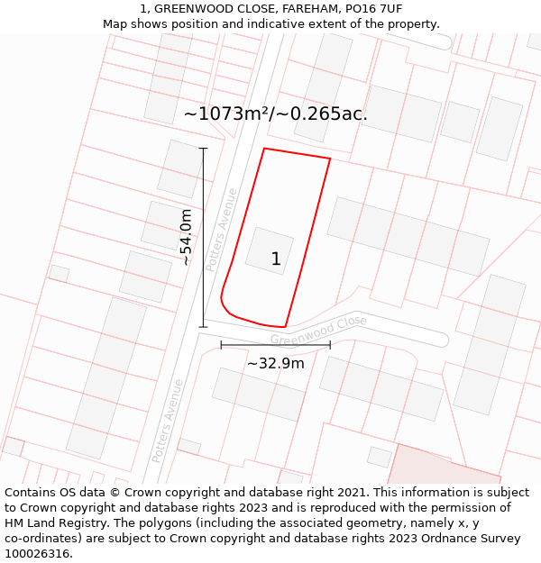 1, GREENWOOD CLOSE, FAREHAM, PO16 7UF: Plot and title map