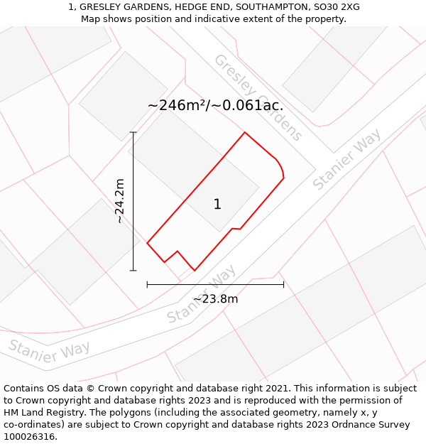 1, GRESLEY GARDENS, HEDGE END, SOUTHAMPTON, SO30 2XG: Plot and title map