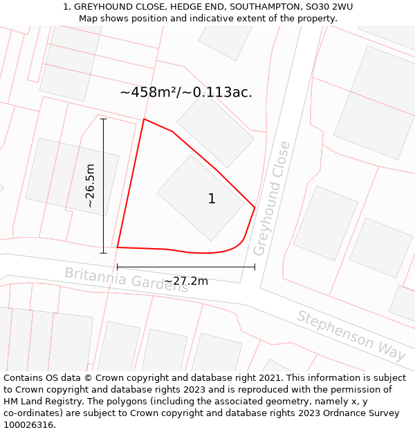 1, GREYHOUND CLOSE, HEDGE END, SOUTHAMPTON, SO30 2WU: Plot and title map