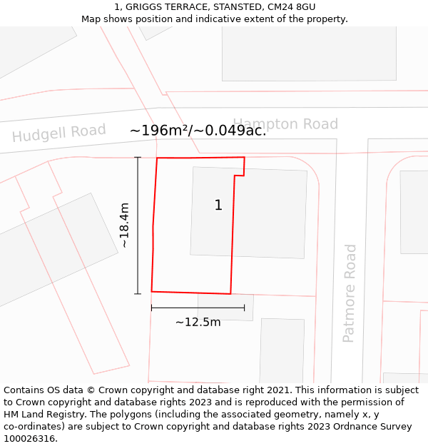 1, GRIGGS TERRACE, STANSTED, CM24 8GU: Plot and title map