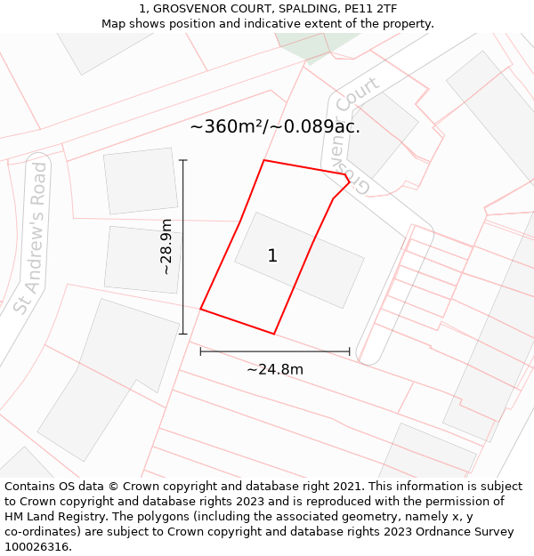 1, GROSVENOR COURT, SPALDING, PE11 2TF: Plot and title map