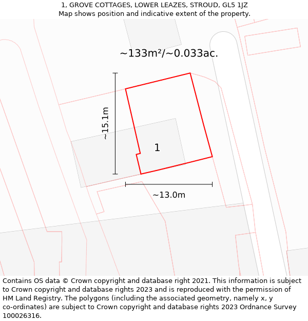 1, GROVE COTTAGES, LOWER LEAZES, STROUD, GL5 1JZ: Plot and title map