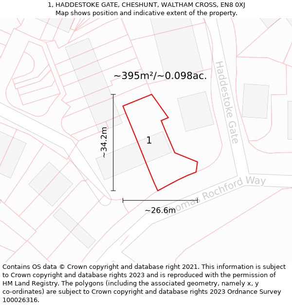 1, HADDESTOKE GATE, CHESHUNT, WALTHAM CROSS, EN8 0XJ: Plot and title map