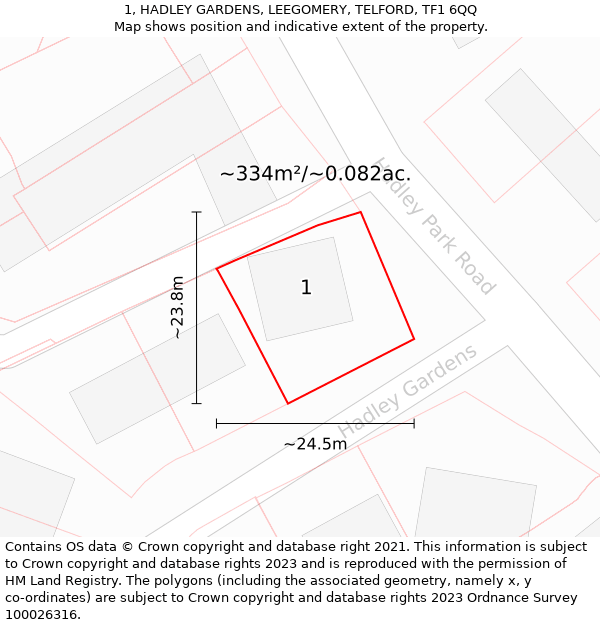 1, HADLEY GARDENS, LEEGOMERY, TELFORD, TF1 6QQ: Plot and title map