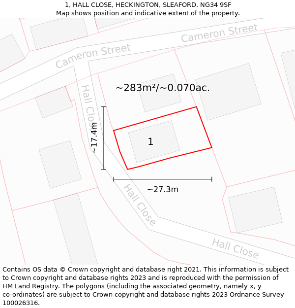 1, HALL CLOSE, HECKINGTON, SLEAFORD, NG34 9SF: Plot and title map