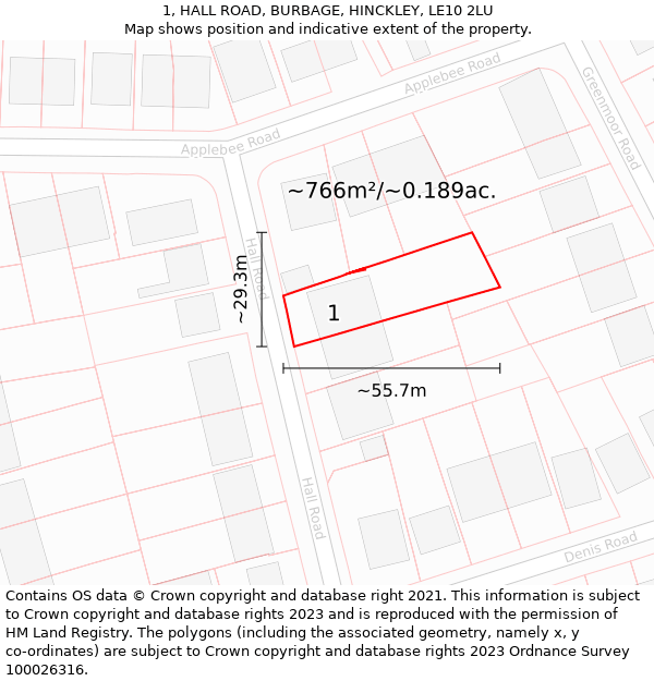 1, HALL ROAD, BURBAGE, HINCKLEY, LE10 2LU: Plot and title map