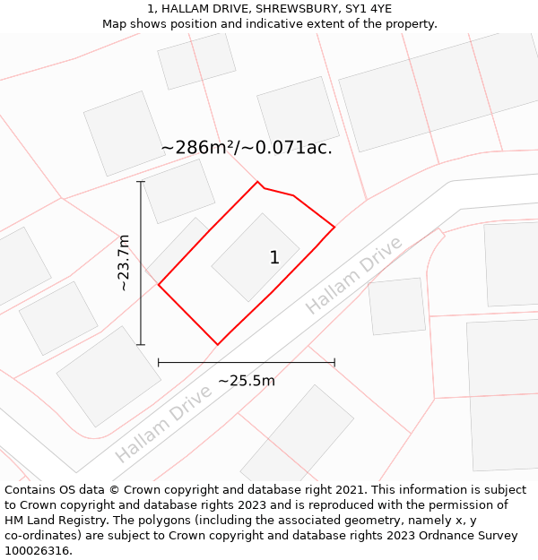 1, HALLAM DRIVE, SHREWSBURY, SY1 4YE: Plot and title map