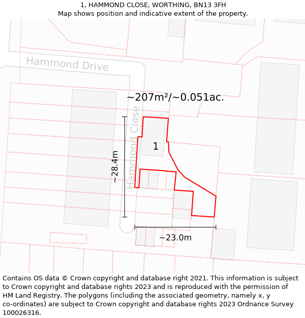 1, HAMMOND CLOSE, WORTHING, BN13 3FH: Plot and title map