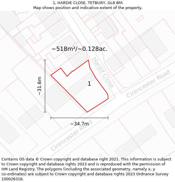 1, HARDIE CLOSE, TETBURY, GL8 8FA: Plot and title map