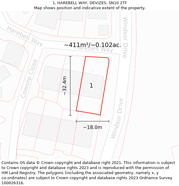 1, HAREBELL WAY, DEVIZES, SN10 2TF: Plot and title map