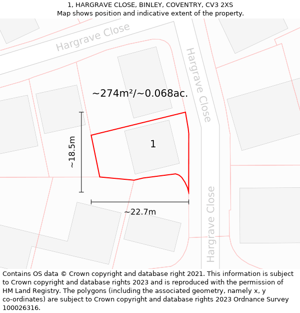 1, HARGRAVE CLOSE, BINLEY, COVENTRY, CV3 2XS: Plot and title map