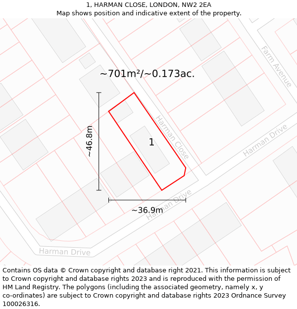 1, HARMAN CLOSE, LONDON, NW2 2EA: Plot and title map