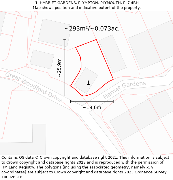 1, HARRIET GARDENS, PLYMPTON, PLYMOUTH, PL7 4RH: Plot and title map